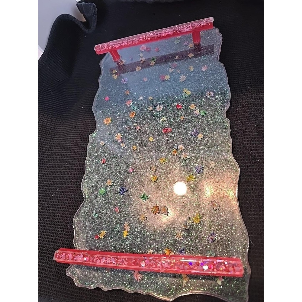 Handmade Serving Tray Handles Pink Glitter With Flowers Resin  775